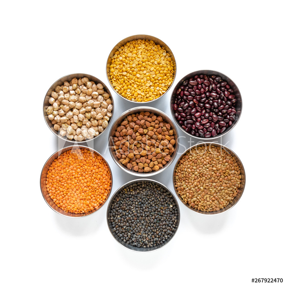 Chickpea, Red Lentil, Split Chickpea, Black gram, Black lentil, Garbanzo Beans, Horse Gram, Gahat Dal in steel bowel isolated on white background